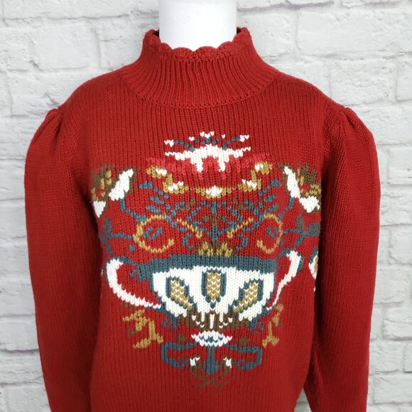 Vintage Red Puff Sleeve Sweater High Neck Button Detail Teapot Cottagecore Sz S - Picture 13 of 14